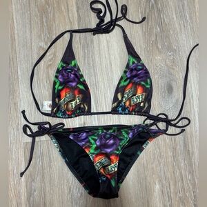 ED HARDY Vintage Y2K Rare Eternal Love Rose String Triangle Bikini Set size M